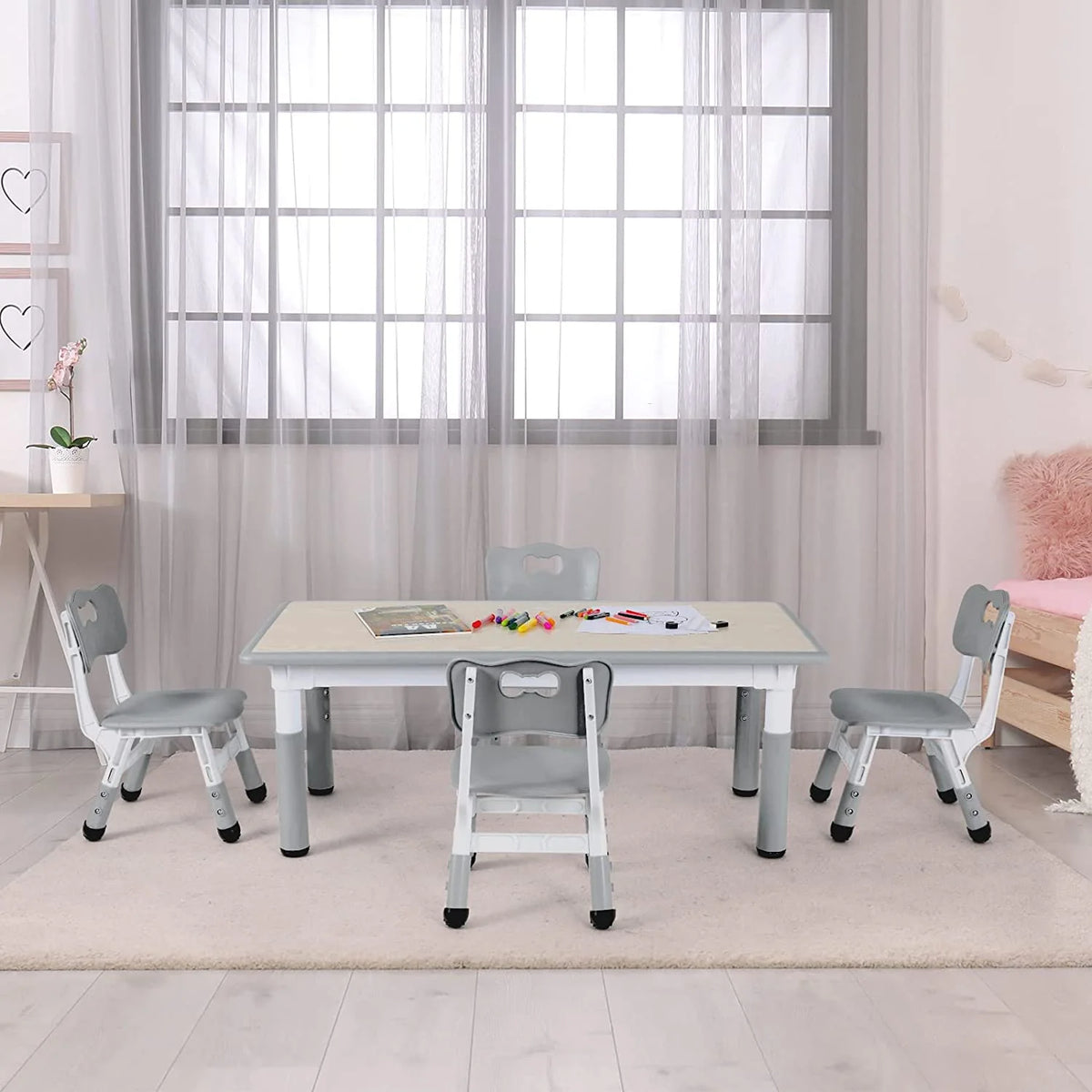 Arlopu Toddler Table and Chair Set Height Adjustable, Kids Activity Table for Reading, Drawing, Eating, Studying, Max 220lbs