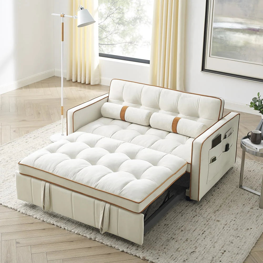 55.5" Modern Velvet Pull Out Sleep Sofa Bed,Convertible 2 Seater Loveseats Sofa Couch with Side Pockets, Velvet Sleeper Bed with Adjsutable Backrest and Lumbar Pillows for Small Space(Beige)
