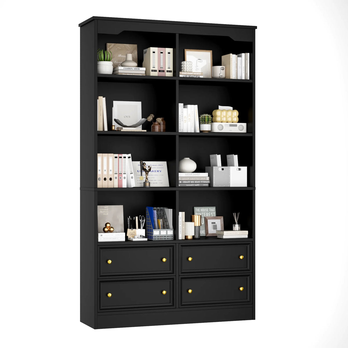 Homfa Double Row 6 Tier Bookcases, 71 in Tall Bookcase Bookshelf with 4 Drawers and 8 Display Cubicles, for Home Office Living Room, White