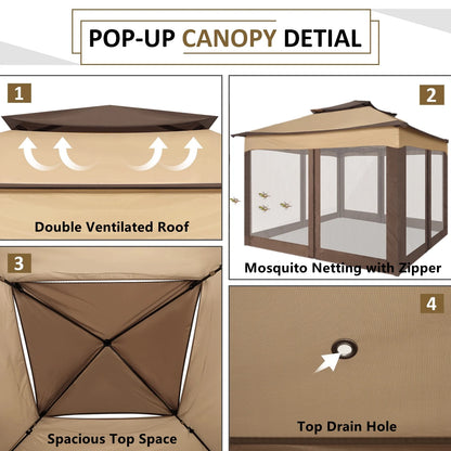 COBIZI 12x12 Outdoor Gazebo Pop Up Gazebo Canopy with Mosquito Netting Patio Tent Backyard Canopy with 2-Tiered Vented Top 3 Adjustable Height, Beige
