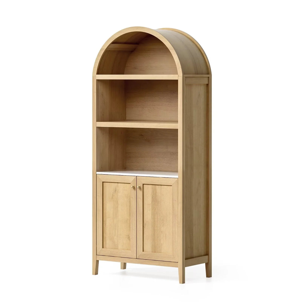 EYYTHUNG 71" Tall Arched Cabinet Modern Farmhouse 5-Tier Arched Bookcase Storage Display Cabinet with Faux Marble Top, Natural Oak