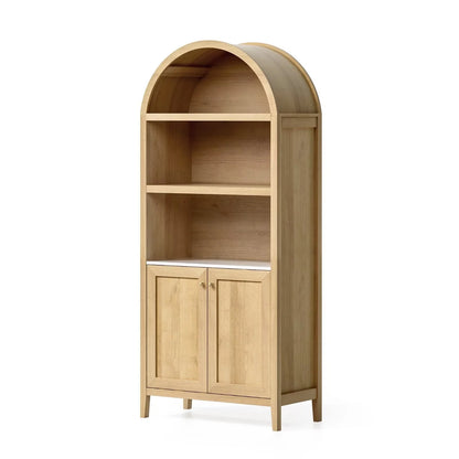 EYYTHUNG 71" Tall Arched Cabinet Modern Farmhouse 5-Tier Arched Bookcase Storage Display Cabinet with Faux Marble Top, Natural Oak