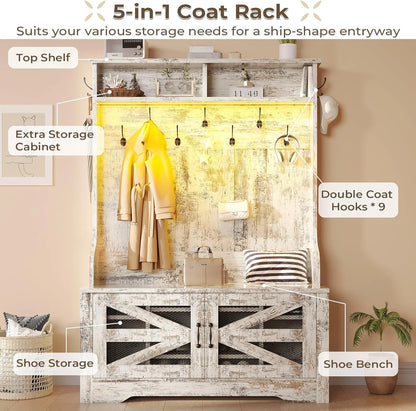 Hall Tree with Bench and Shoe Storage, 5-in-1 Entryway Bench with Coat Rack, 10 Shoe Cubbies & 9 Coat Hooks, Barn Door & Adjustable Shelf, Rustic Brown