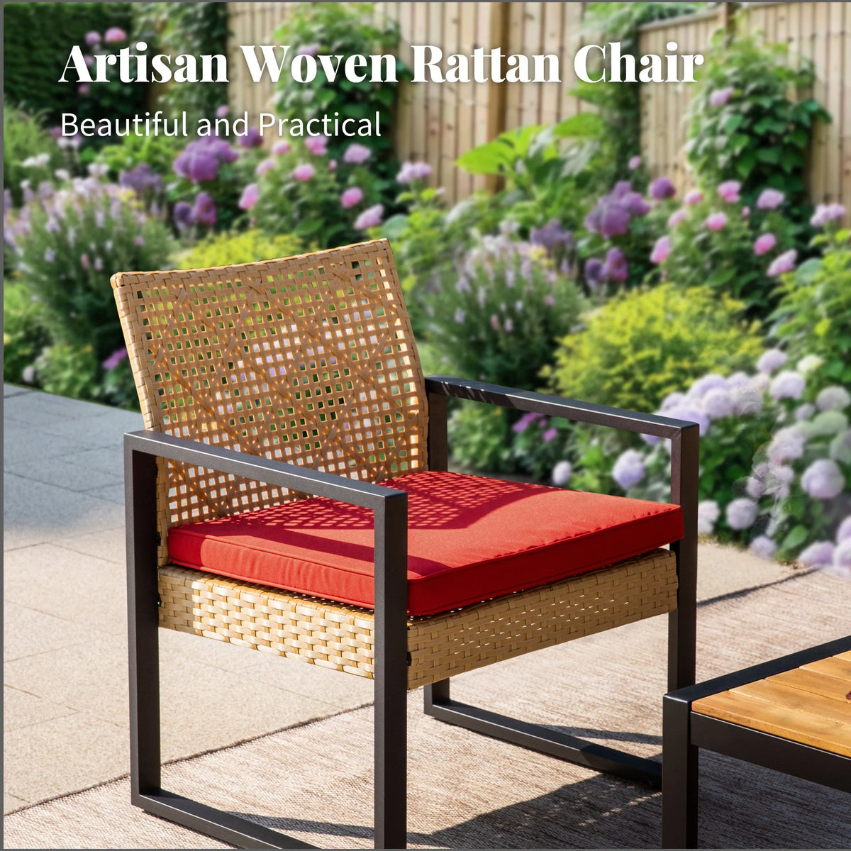 MF Studio 4-Piece All-Weather Rattan Patio Furniture Set, Outdoor Conversation Set with Wood Table, Brown and Beige