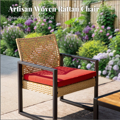 MF Studio 4-Piece All-Weather Rattan Patio Furniture Set, Outdoor Conversation Set with Wood Table, Brown and Beige
