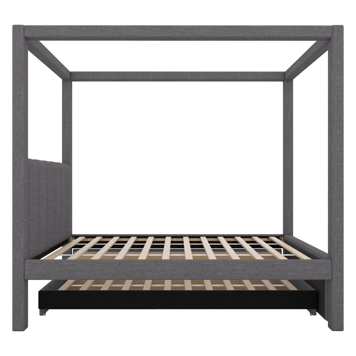 Harper & Bright Designs Twin Size Upholstery Canopy Platform Bed with Trundle and 3 Storage Drawers, Captain Platform Bed Frame with 4-Poster Canopy Roof, Beige