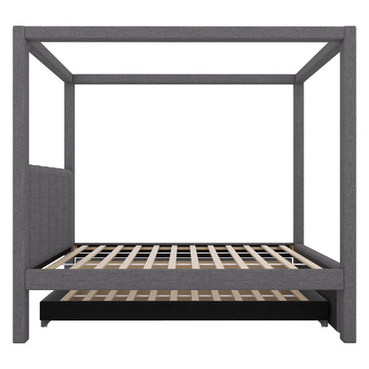 Harper & Bright Designs Twin Size Upholstery Canopy Platform Bed with Trundle and 3 Storage Drawers, Captain Platform Bed Frame with 4-Poster Canopy Roof, Beige