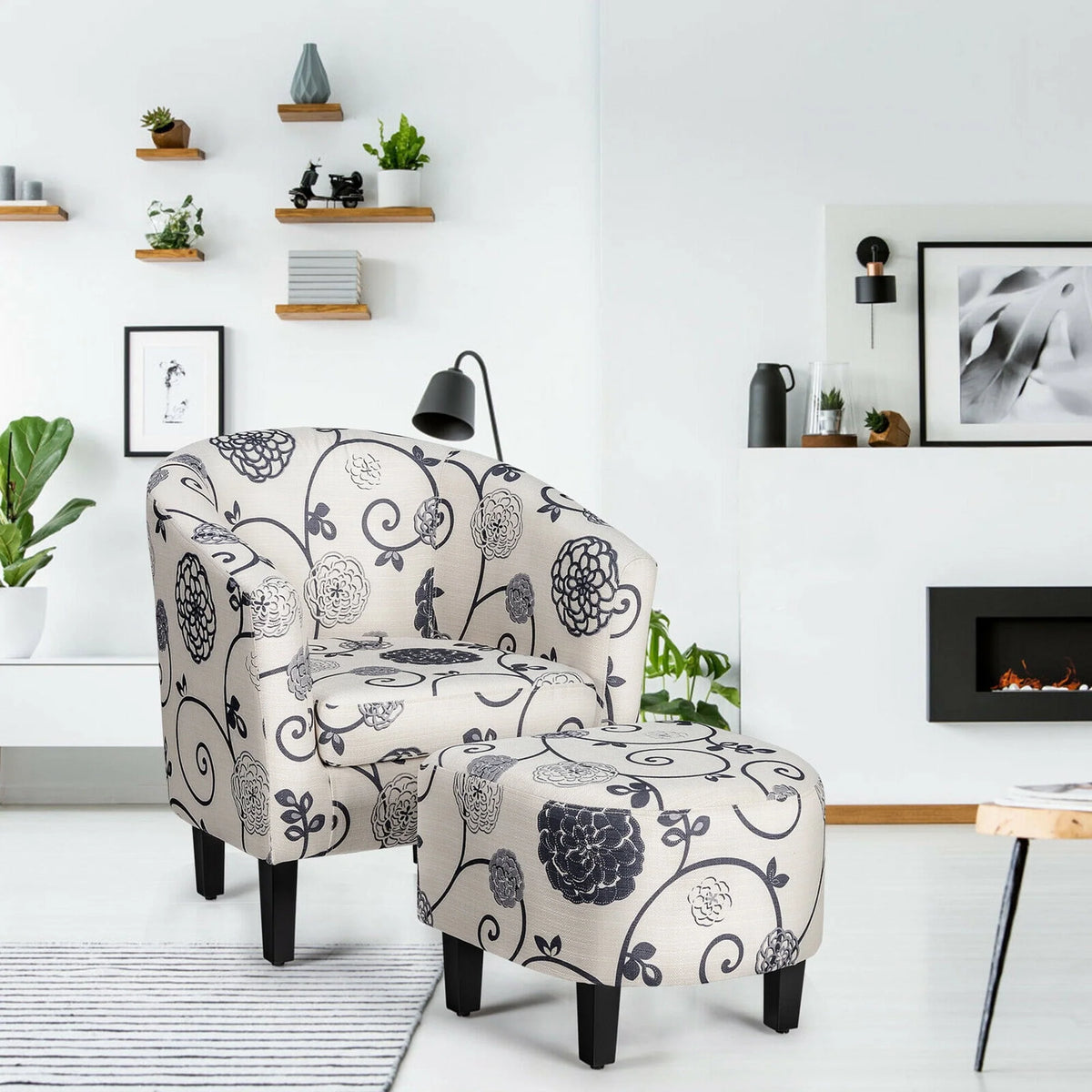 Gymax Modern Accent Tub Chair&Ottoman Set Fabric Upholstered Club Chair Grey Floral