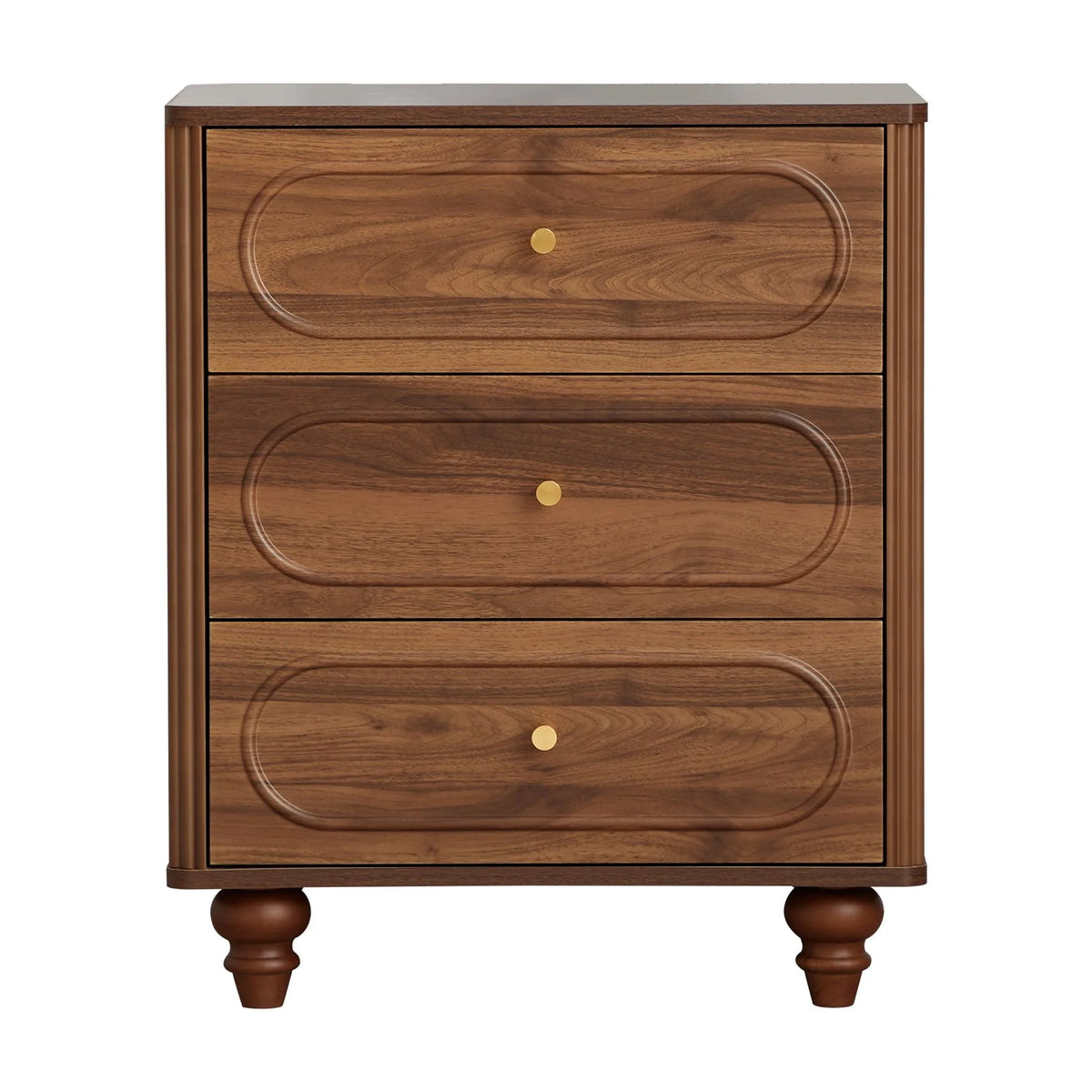 YOCWO 3 Drawer Nightstand, Classic Chest of Drawers with Arc Edge, Walnut