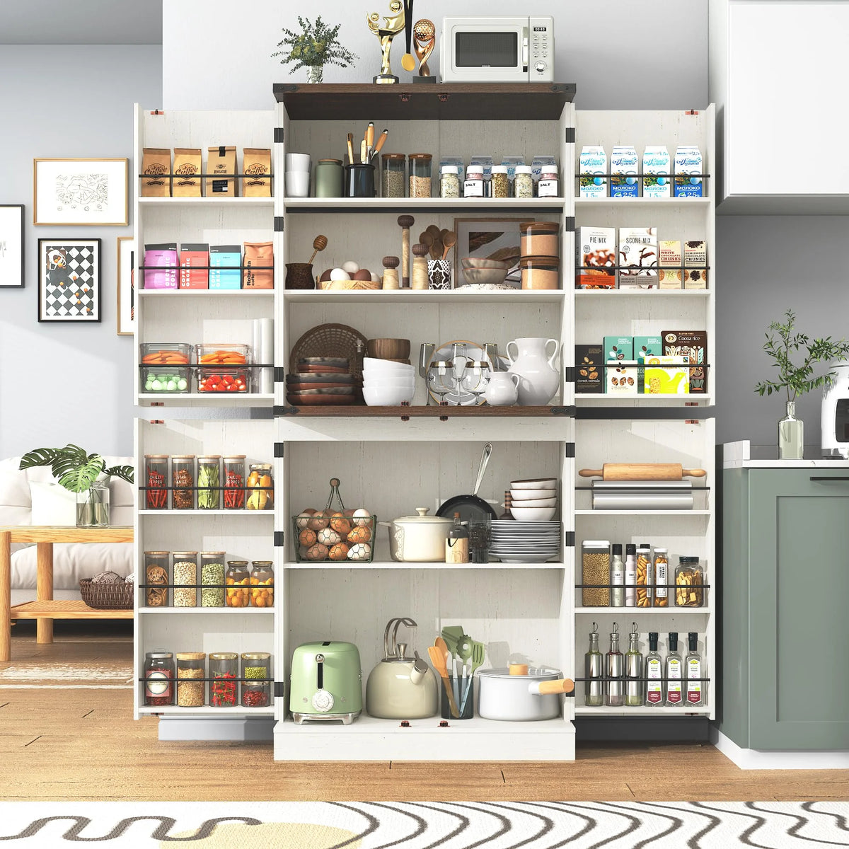 71" Tall Farmhouse Kitchen Pantry with 12 Side Shelves & Adjustable Shelves, 5 Layers Pantry Storage Cabinet w/Load-Bearing Steel Pipe & 4 Barn Doors for Kitchen, Dining Room, Living Room, Brown