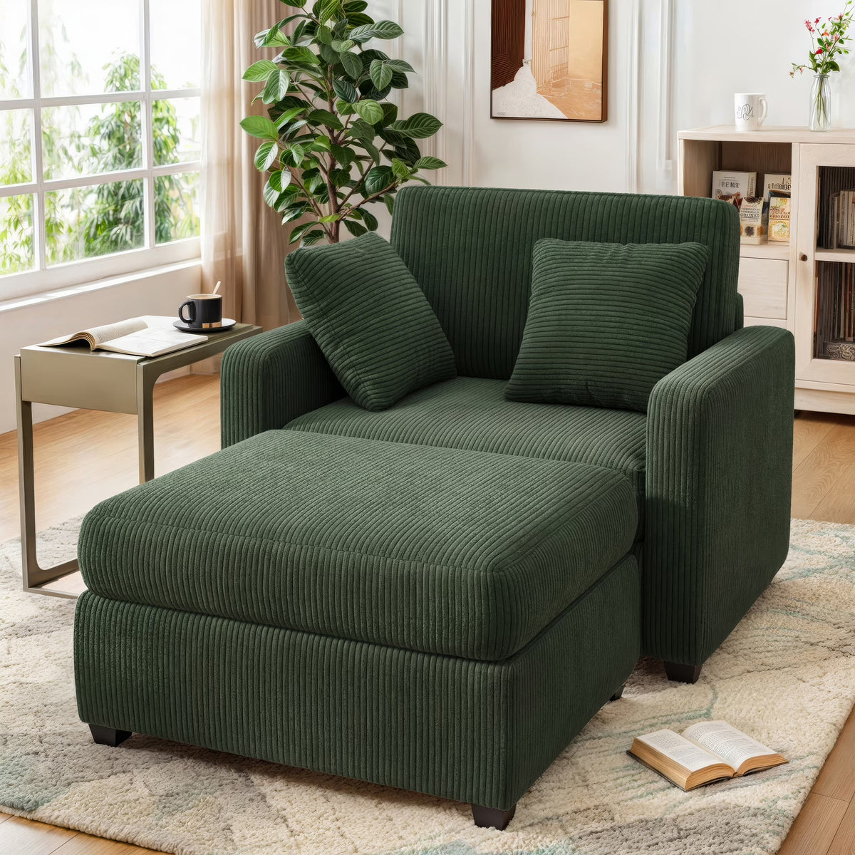 LUMIHO Chaise Lounge Chair Indoor, 42" Sleeper Chair with Two Throw Pillows and Armrests, Corduroy Chaise Couch Chair with Ottoman for Living Room, Bedroom, Apartment, Green
