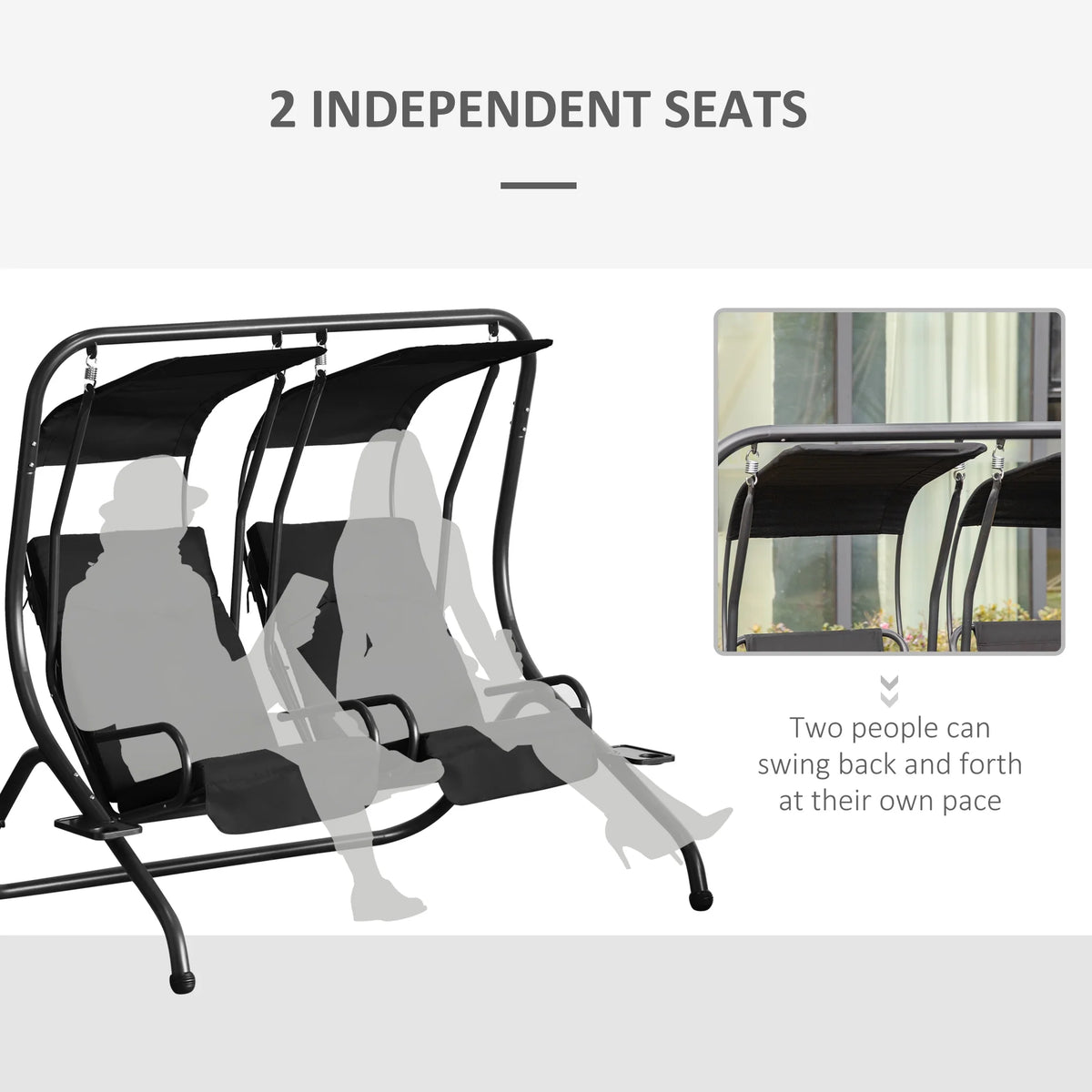 Outsunny 2-Seat Modern Steel Canopy Porch Swing with Cup Holder and Cushions, Beige/Black