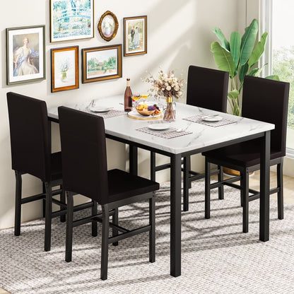 AWQM Dining Table Set of 4, Faux Marble 5 Piece Dining Room Table Set with PU Leather Chairs, Rectangular Kitchen Table Set for Apartment, Dining, White