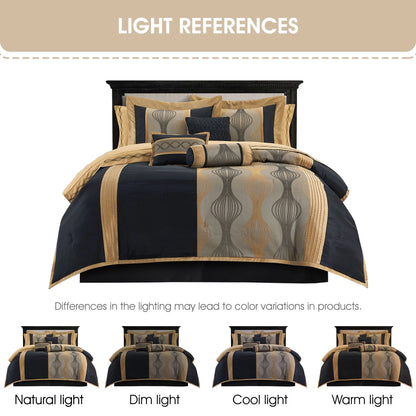 Lanco Elegant Black and Gold Comforter Set,Striped, 7 Pieces Jacquard Bedding Sets with Comforter for All Season, Bed Skirt, Pillows & Shams, Queen Size, Lightweight Microfiber