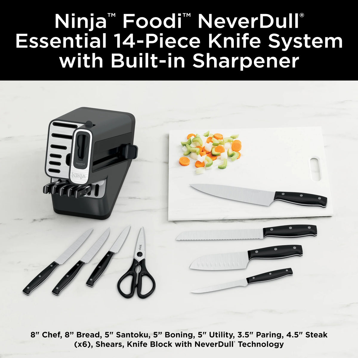 Ninja NeverDull 14-Piece Stainless Steel Essential Knife System with Built-in Sharpener, K12014 Black/Gray