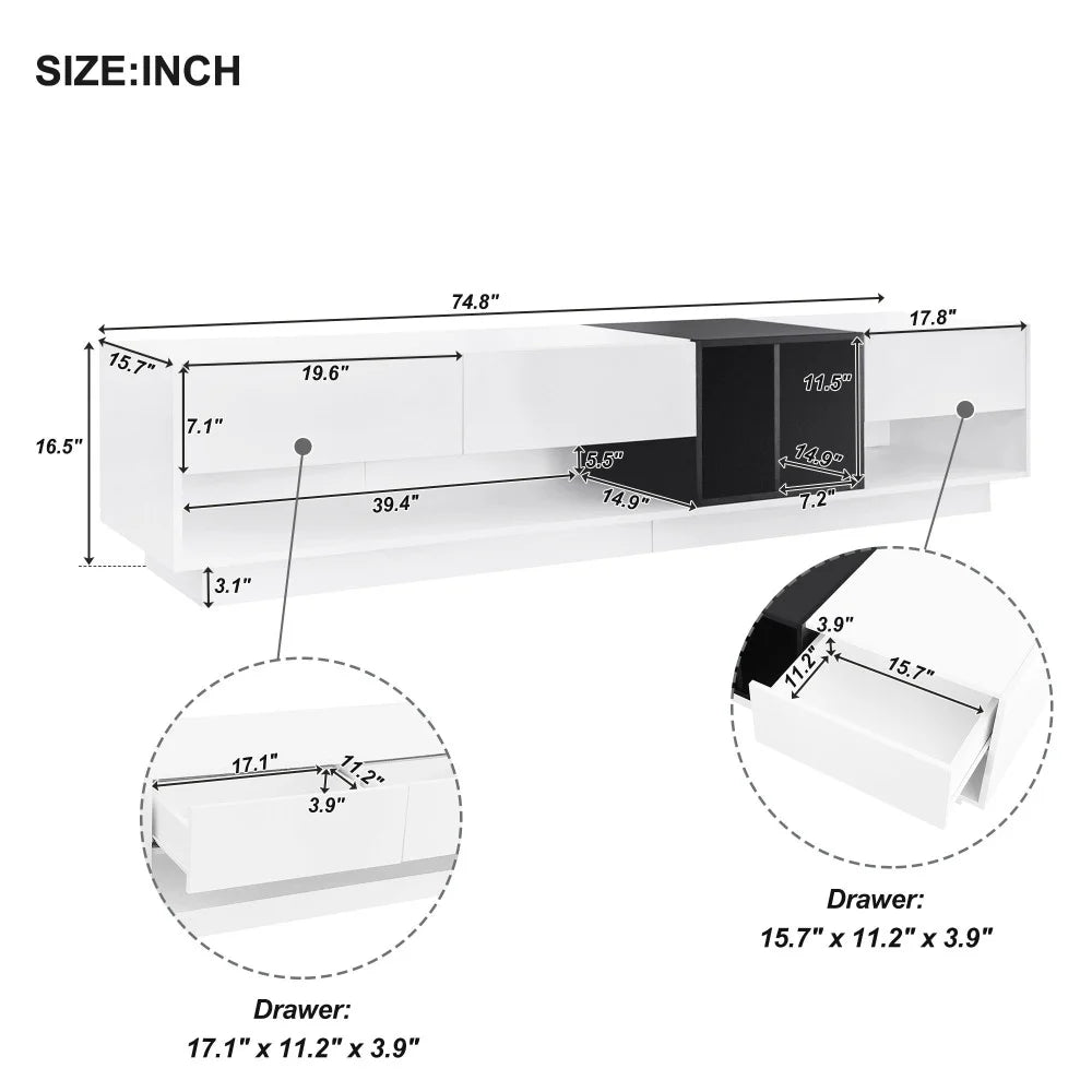 Modern TV Stand for 80 Inch TV, ON-TREND Sleek Two-Tone Media Console, Functional Storage Cabinet with Open & Hidden Compartments, Particle Board, Living Room Furniture, White