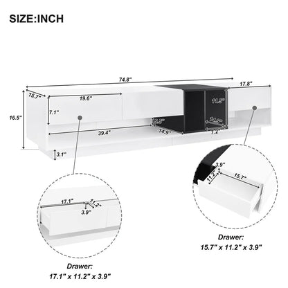 Modern TV Stand for 80 Inch TV, ON-TREND Sleek Two-Tone Media Console, Functional Storage Cabinet with Open & Hidden Compartments, Particle Board, Living Room Furniture, White