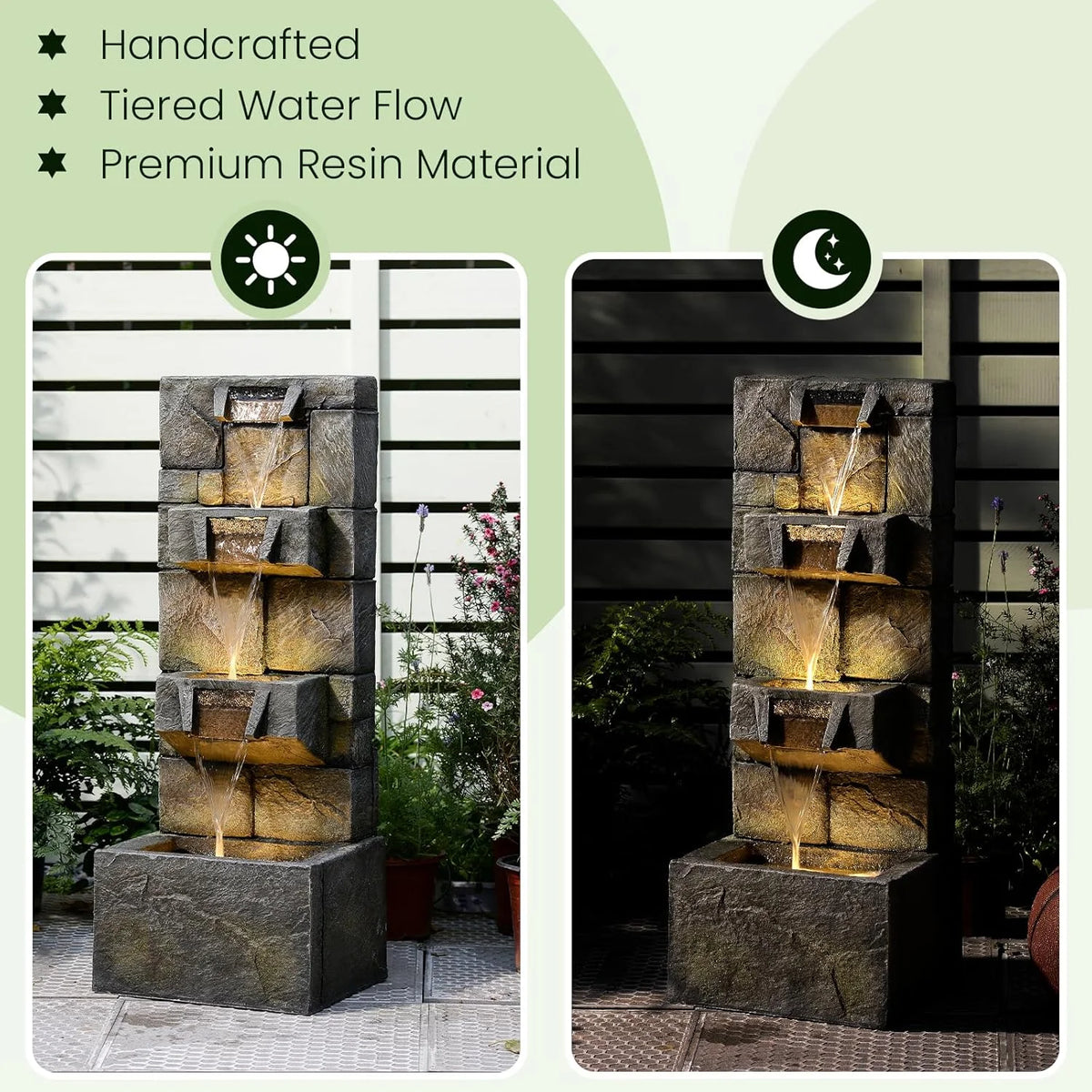 32.2" 3-Tier Outdoor Garden Water Fountain with LED Lights, Mossy Stone Cascading Resin Waterfall Feature for Patio, Yard, or Porch Decor