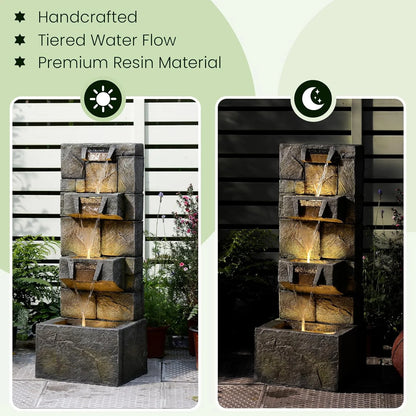 32.2" 3-Tier Outdoor Garden Water Fountain with LED Lights, Mossy Stone Cascading Resin Waterfall Feature for Patio, Yard, or Porch Decor