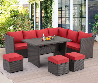 AECOJOY 7 Piece Patio Furniture Set PE Rattan Outdoor Dining Set Sectional Sofa Couch with Table Patio Conversation Set in Gray