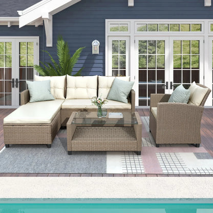 SEGMART 4 Piece Patio Furniture Set, All-Weather Outdoor Sectional Sofa Set, PE Rattan Conversation Set with Storage Box, Table & Cushions, Wicker Furniture Couch Set for Patio Deck Garden