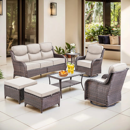 Bellefurn Luxury Outdoor Patio Furniture Set,Swivel Rocker Patio Chairs with 6-inch Thick Cushion,Patio Sofa and Glass Coffee Table,Outdoor Conversation Set for Porch, Deck, Yard