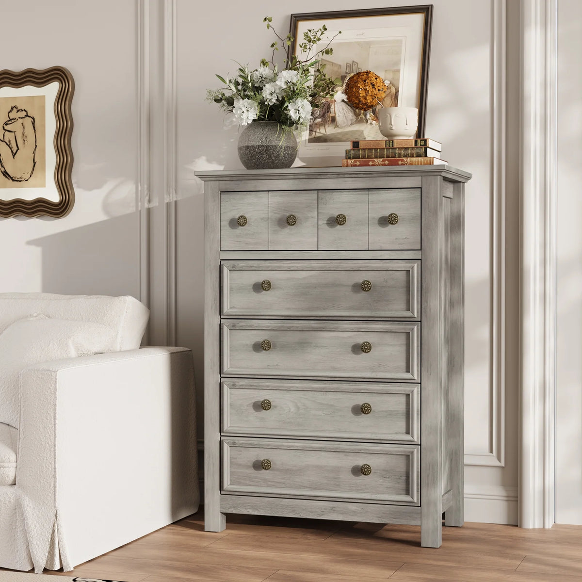 6 Drawer Wood Dresser for Bedroom, Chest of Drawers, Storage Organization Unit for Clothing, Gray