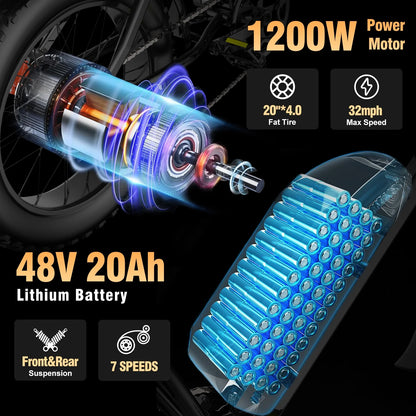 Ridstar Electric Bike for Adults Q20,1200W 30MPH,48V 15.6Ah Electric Bicycle,7 Speed Full Suspension Mountain Bike UL2849