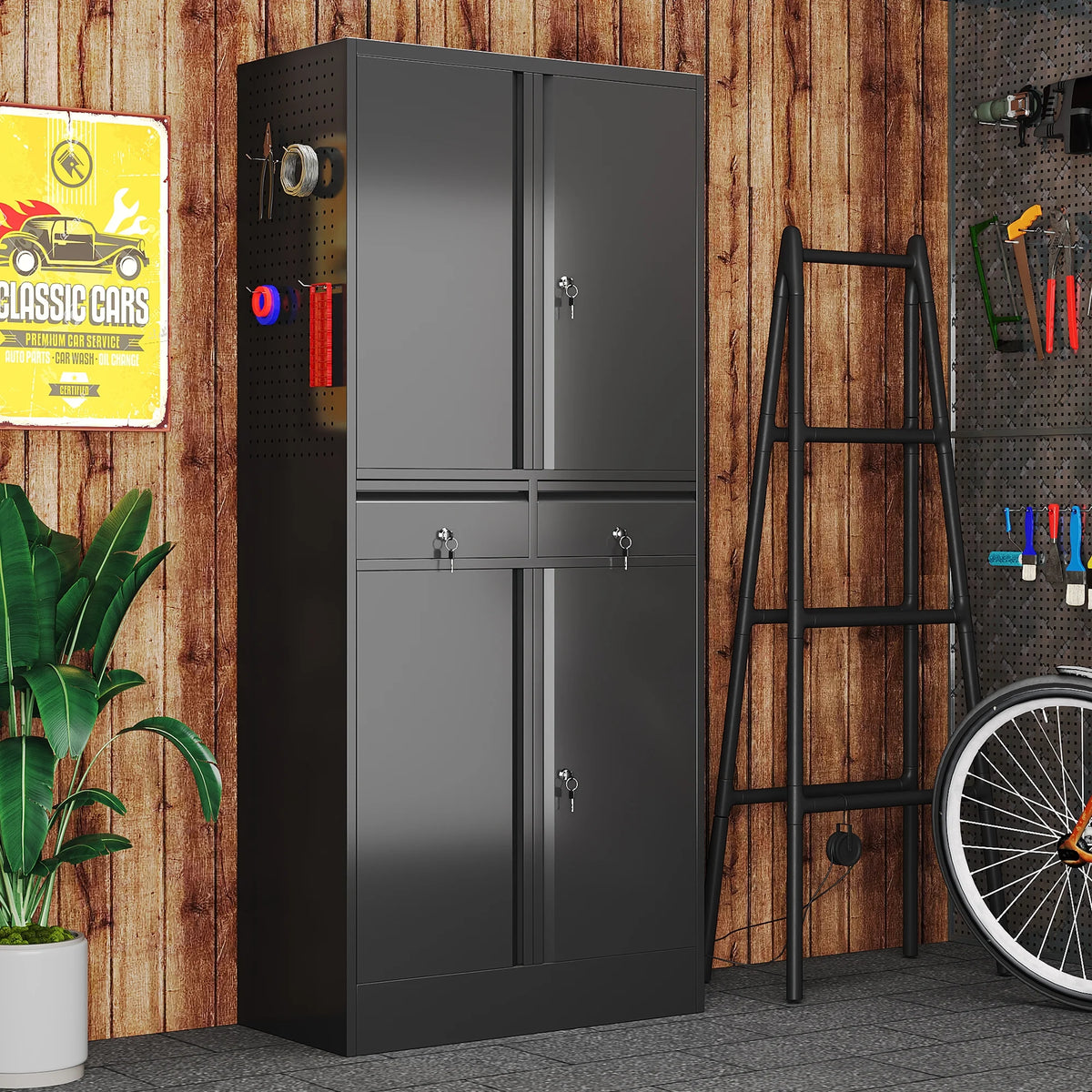 Aobabo 71.41''H Metal Garage Storage Cabinet with Lockable Doors and Hanging Rod,Broom Closet Storage Cabinet with Pegboard and Adjustable Shelves for Home Office School,Required Assembly,Black