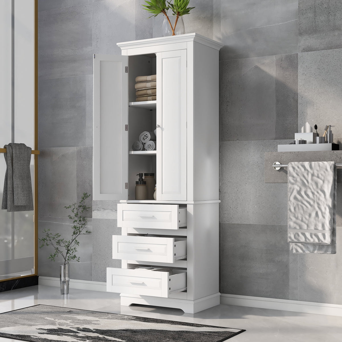 Bellemave White Tall Storage Cabinet with Adjustable Shelf Bathroom Cabinet with 1 Drawer and Storage Rack Large Freestanding Wood Cabinet Storage Organizer Floor Cabinet, White