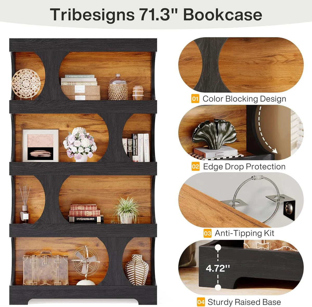 Tribesigns 71" Tall Bookcase, 4-Tier S-Shaped Bookshelf, Wood Decorative Storage Shelving, Modern Freestanding Display Shelves