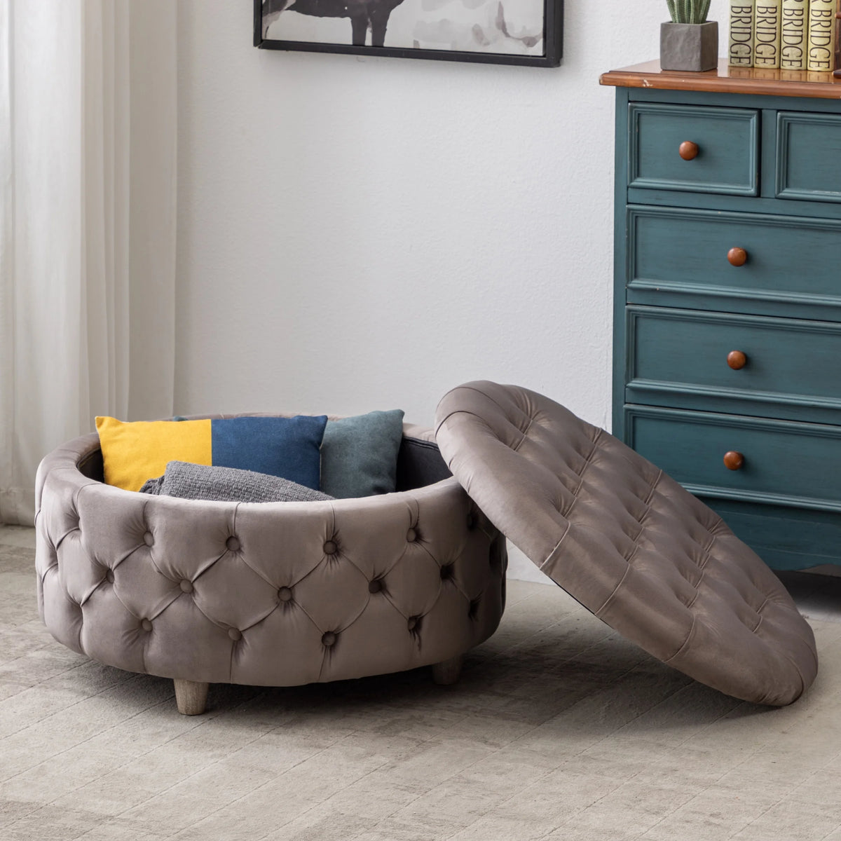 WestinTrends Wordford Round Velvet Tufted Storage Ottoman, Velvet Navy Blue