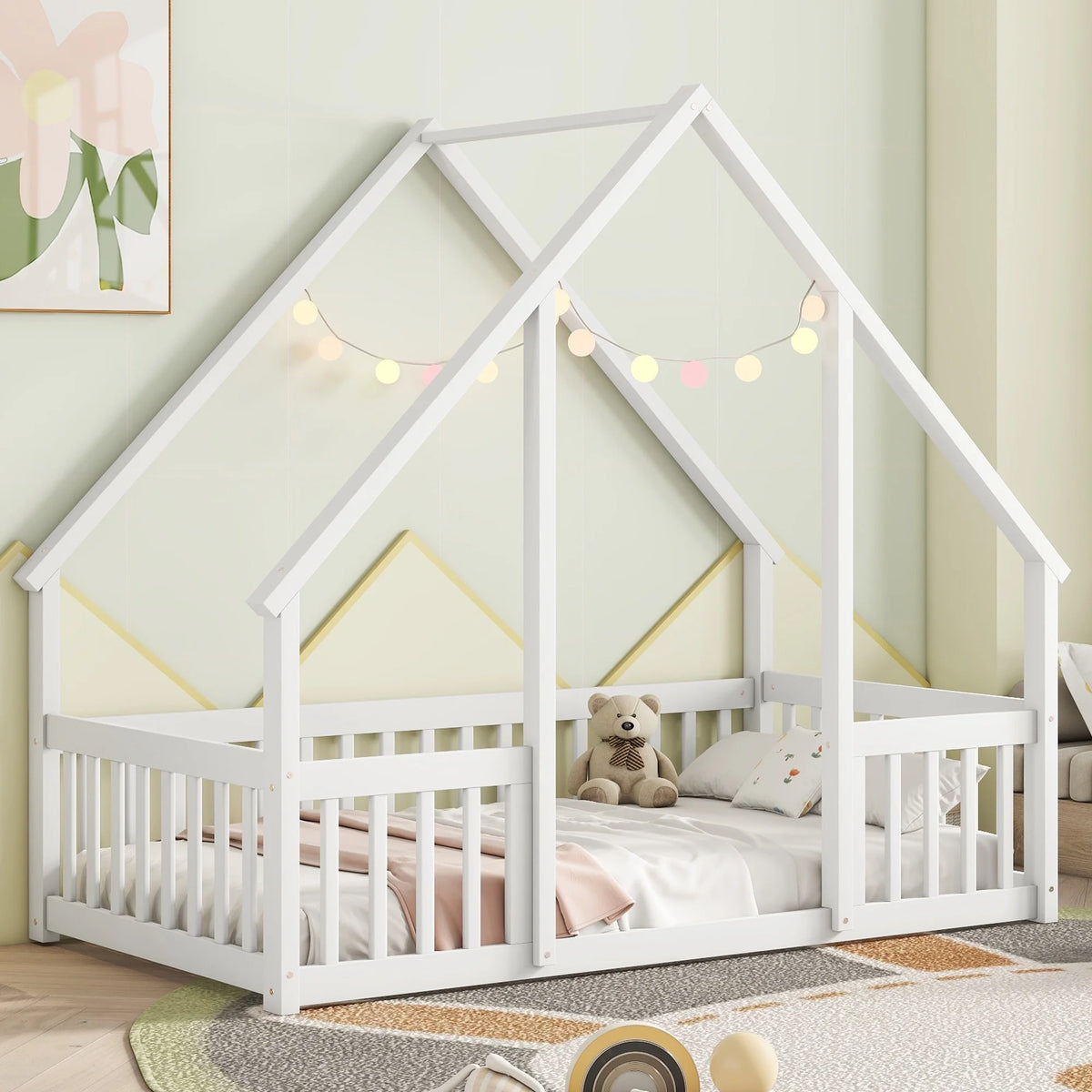 Bellemave Twin Size Floor Bed Frame, Wooden House Bed Twin Size with Fence, Montessori Bed with Guardrails for Bedroom (White)