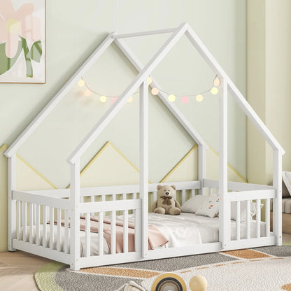 Bellemave Twin Size Floor Bed Frame, Wooden House Bed Twin Size with Fence, Montessori Bed with Guardrails for Bedroom (White)