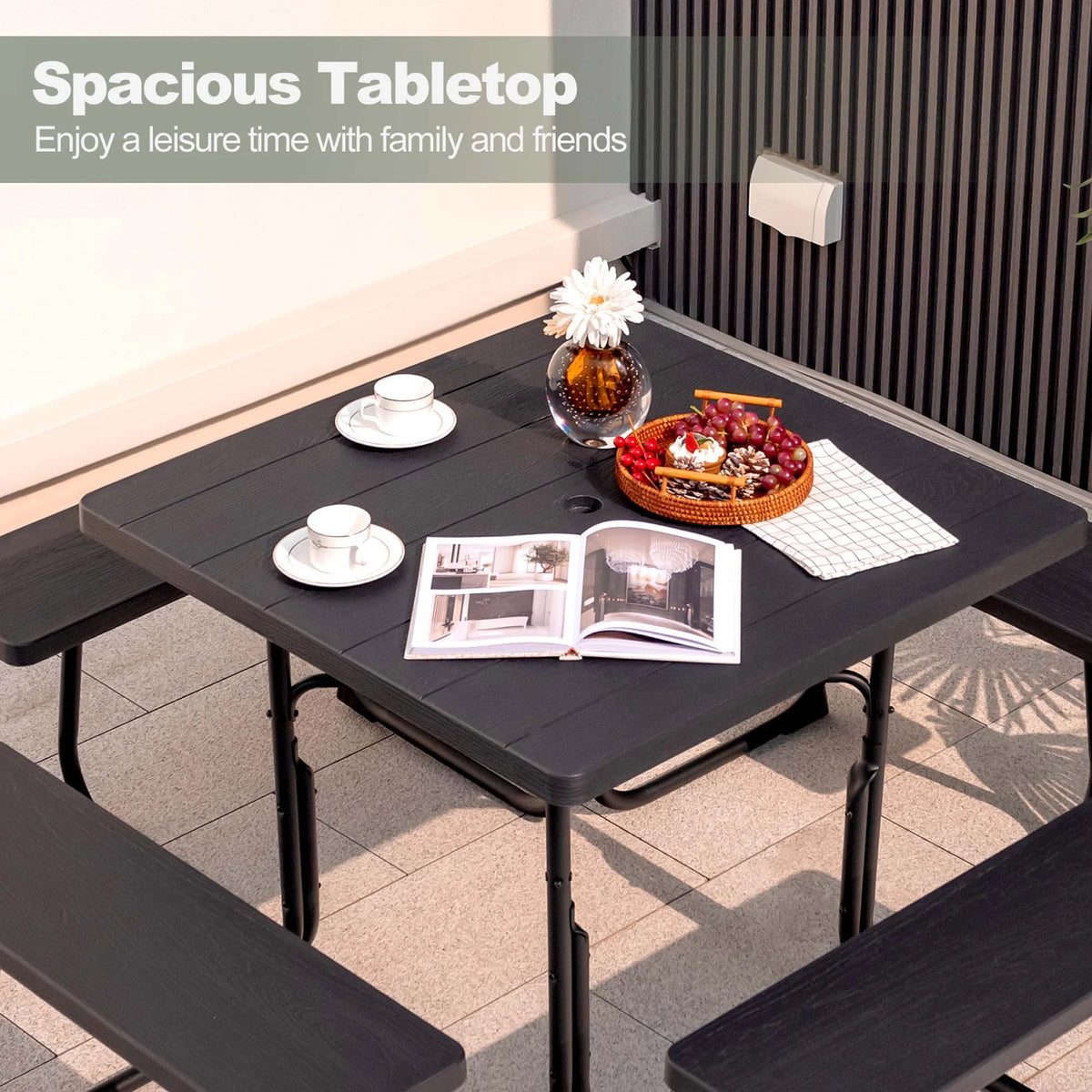 Costway Outdoor 8-person Square Picnic Table Bench Set with 4 Benches & Umbrella Hole White