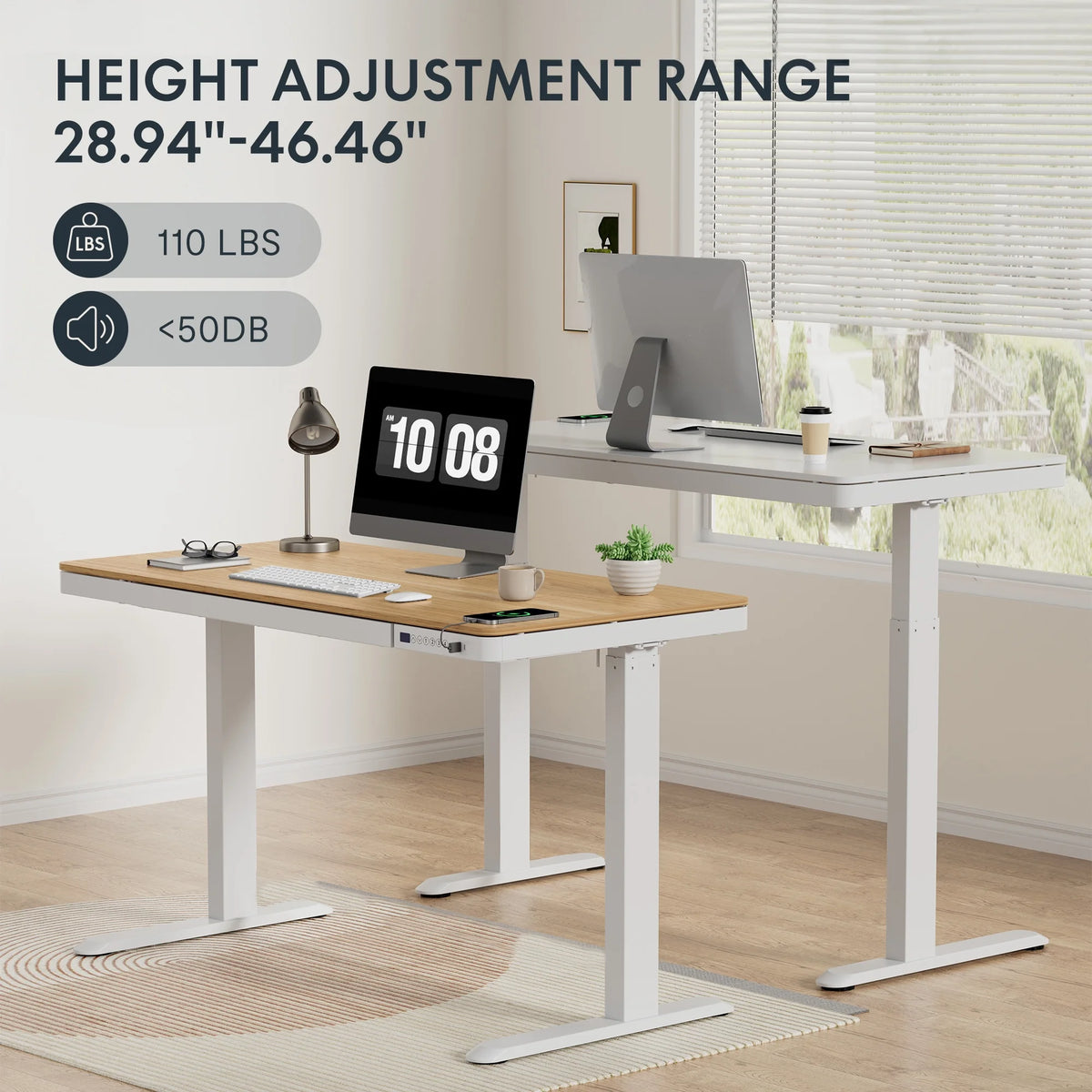 FLEXISPOT 48" W Home Office Height Adjustable Standing Desk White and Maple with USB Charge Ports and Embedded Drawer