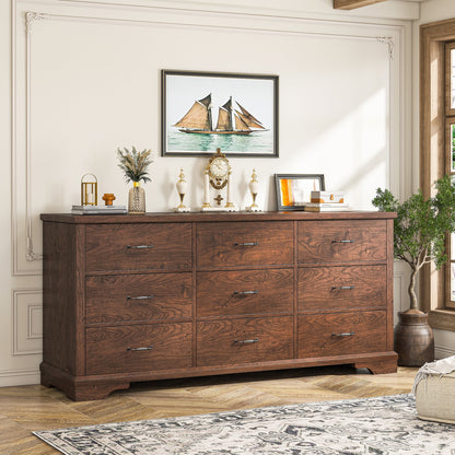EnHomee Wood Dresser for Bedroom 9 Drawer Dressers&Chest of Drawers 63"L x 15.7"W x 31.5"H,Brown