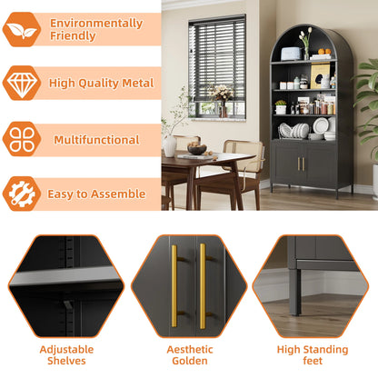 SUPEER Metal Arched Storage Display Cabinet with Glass Doors and Adjustable Shelves, Lockable Cabinet, Assembly Required, Black