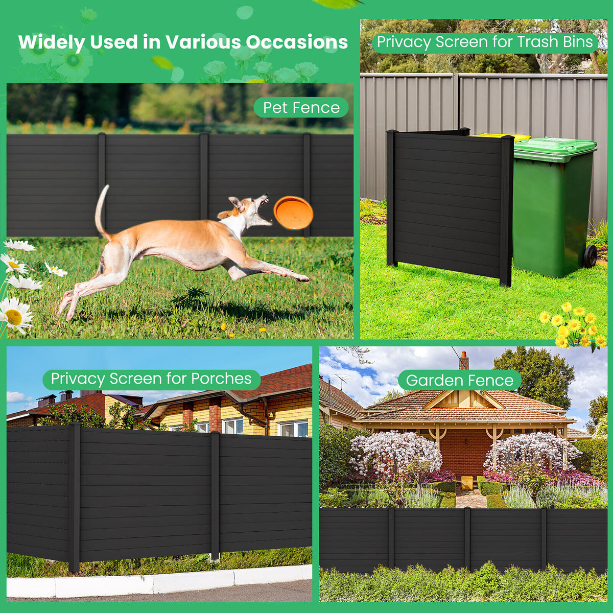Gymax Outdoor PVC Privacy Panels 2-Pack Picket Fence W/ 3 Cuspidal Foot Stakes Black
