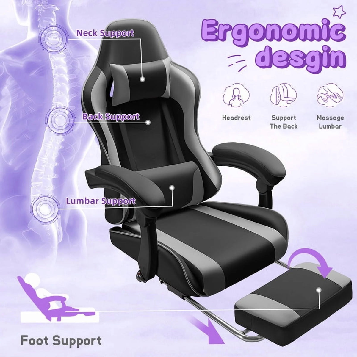 Lacoo PU Leather Gaming Chair Massage Ergonomic Gamer Chair Height Adjustable Computer Chair with Footrest & Lumbar Support, White