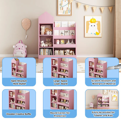 PORKISS Bookshelf for Kids, Wood Kids Bookcase with Toy Storage Organizer, Freestanding Book Shelf with 6 Compartments and 2 Baskets Bins for Kids Bedroom, Nursery, Playroom, Natural