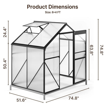 Asofer 6' x 4' Greenhouse for Outdoors, Aluminum Walk-in Green Houses shed with Rain Gutter and Roof Vent for Backyard
