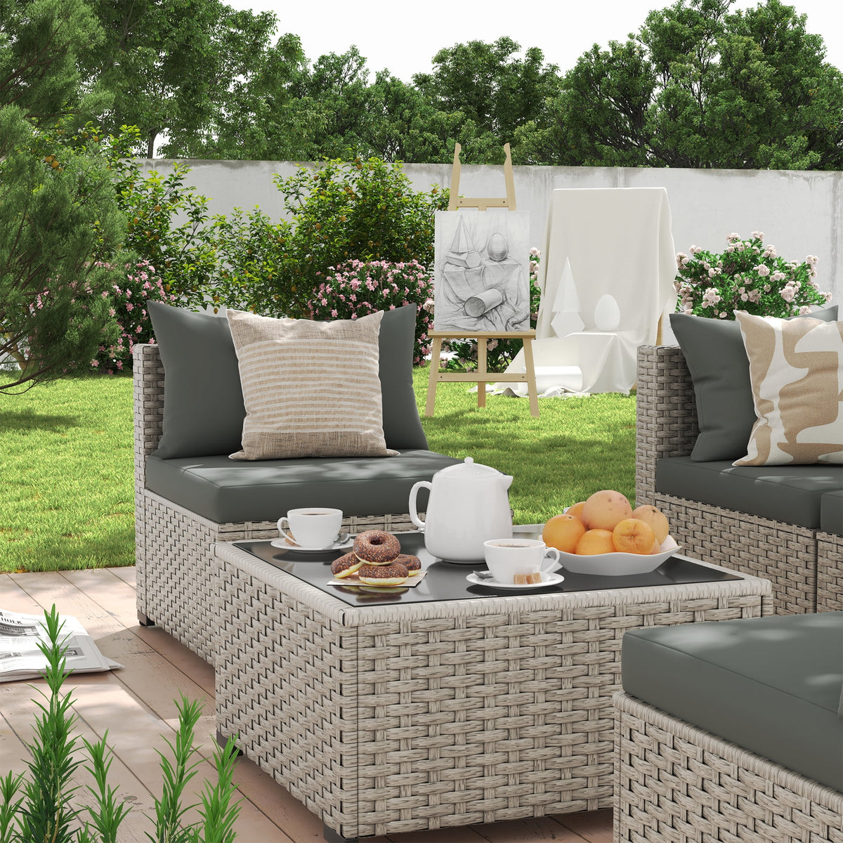 7 Pieces Patio Conversation Set, Outdoor Sectional PE Rattan Wicker Furniture Seat,Dark Gray