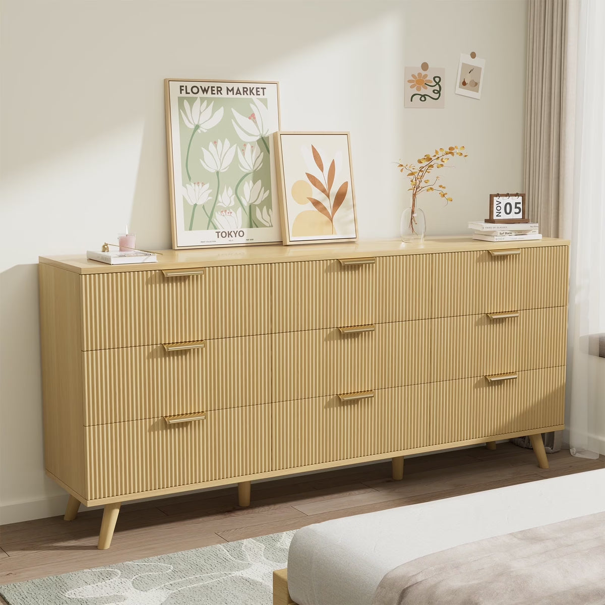 Planntonneo Boho Fluted 6 Drawer Dresser, Wooden Chests for Bedroom