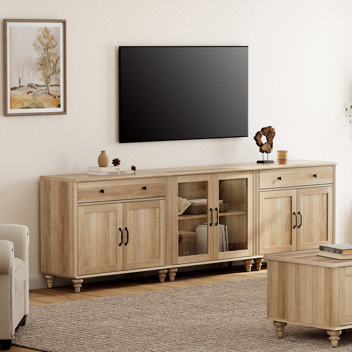 TV Stand for 100 Inch TV, 3-in-1 TV Console Table for 75/80/85/90 Inch TV, Farmhouse  Entertainment Center with Glass & Wooden Door, Kitchen Sideboard Buffet Cabinet for Dining Room, Oak