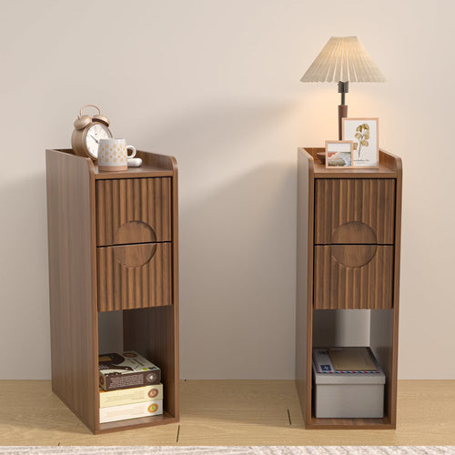 End Tables Set of 2, Small Side Table, Slim Side Table, Wood 2 Drawer Narrow Nightstand