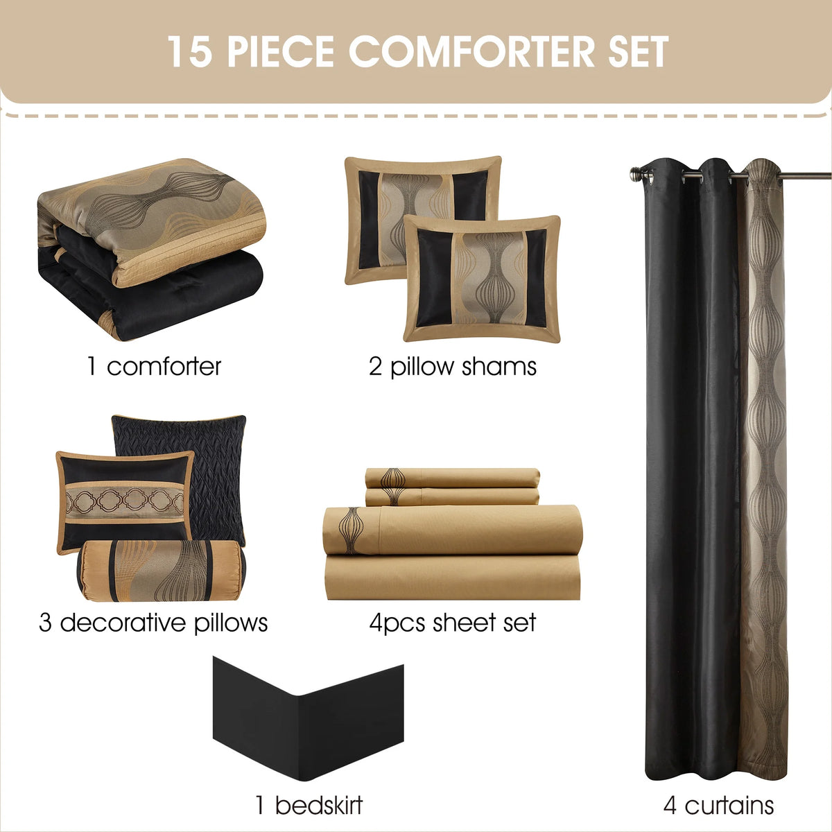 Lanco Elegant Black and Gold Comforter Set,Striped, 7 Pieces Jacquard Bedding Sets with Comforter for All Season, Bed Skirt, Pillows & Shams, Queen Size, Lightweight Microfiber