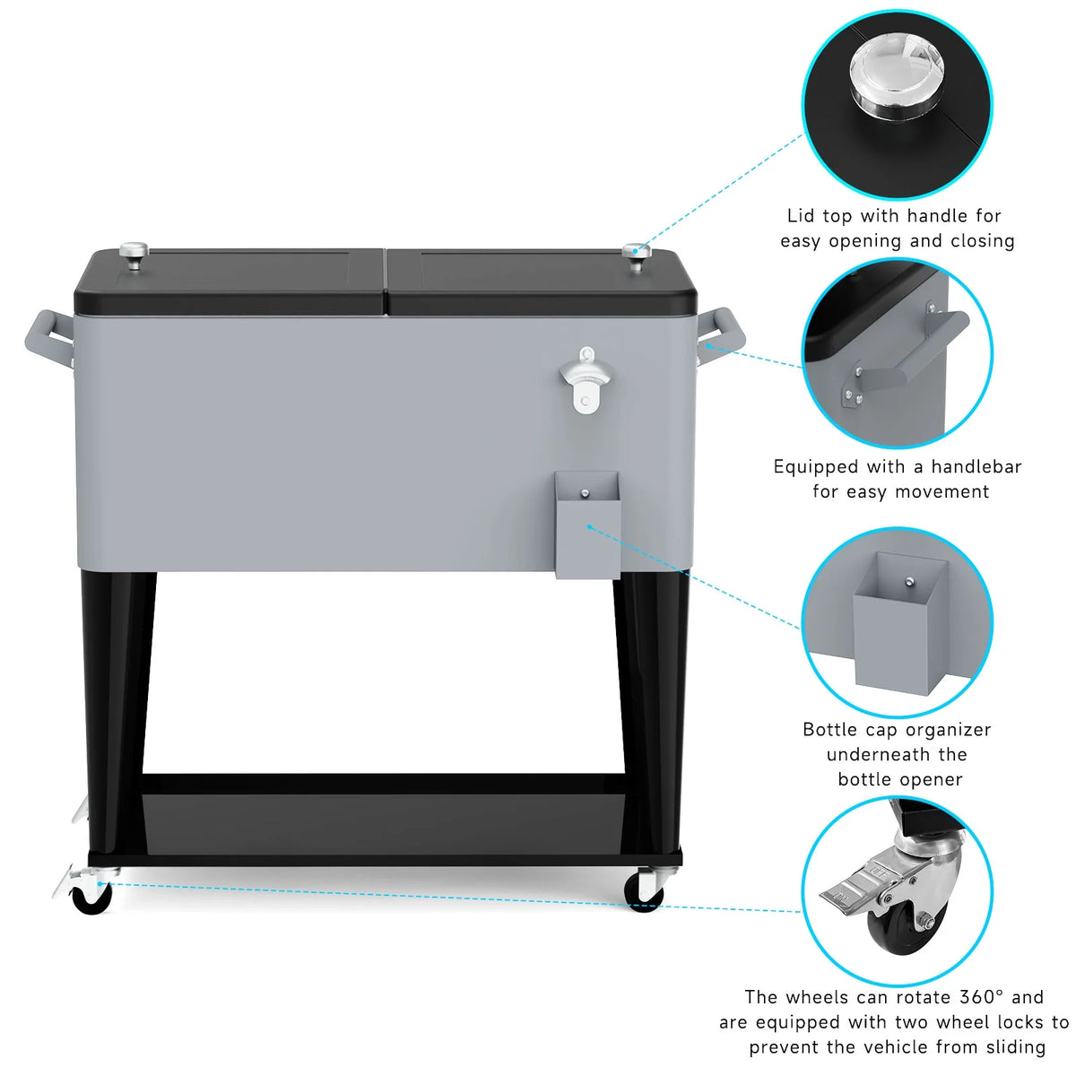 FreeLung 80QT Rolling Cooler Cart with Wheels Ice Chest Outdoor Backyard Coolers on Wheels Silver