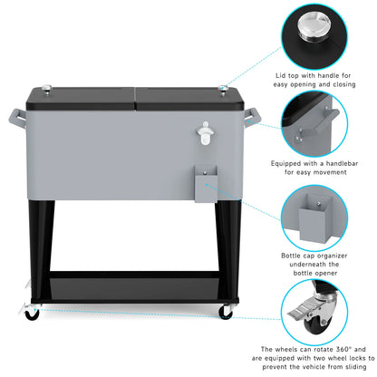 FreeLung 80QT Rolling Cooler Cart with Wheels Ice Chest Outdoor Backyard Coolers on Wheels Silver