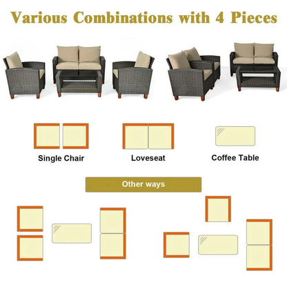 Resenkos 4 Pieces Patio Rattan Furniture Set, Outdoor Furniture Garden Conversation Bistro Sets with Coffee Table